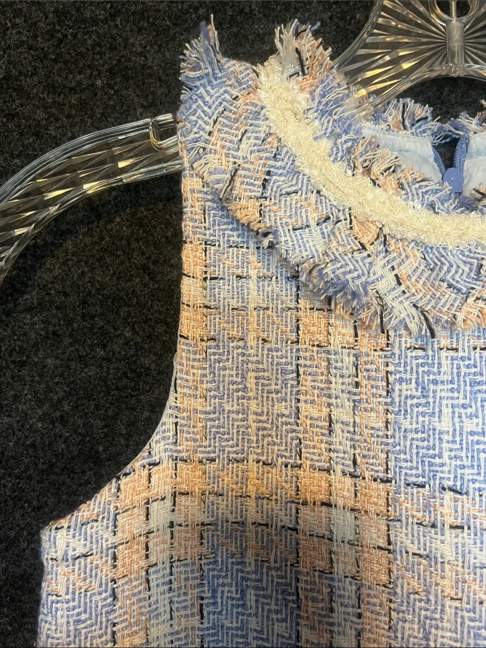 Blueberi Boulevard Girls Blue and Cream Tweed Fringe A-Line Dress